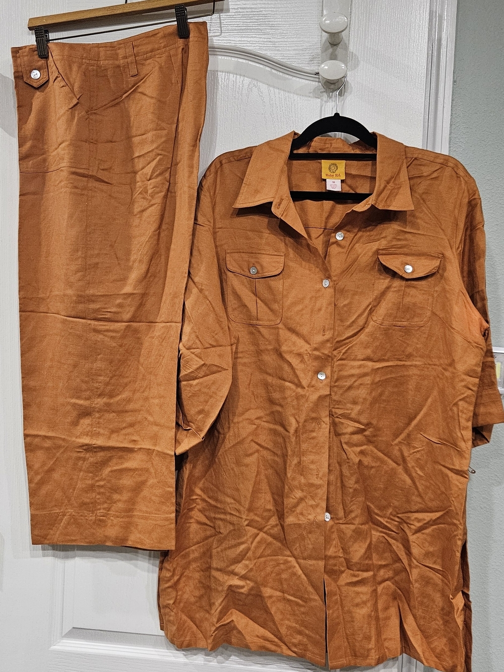 Ruby Rd. Women's Two-Piece Rust Orange Button-Up Shirt and Skirt Set